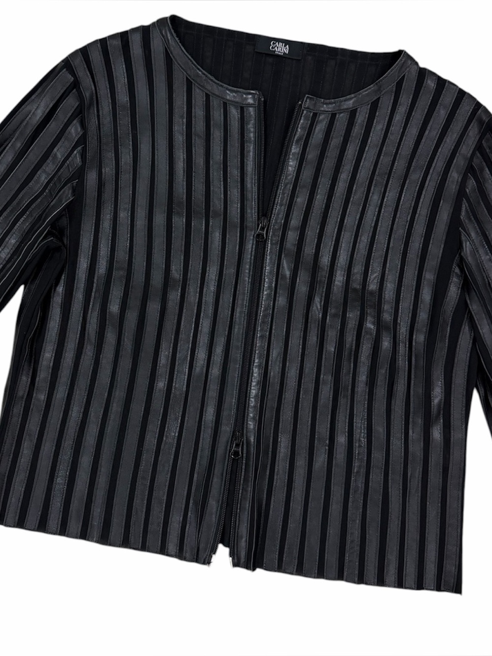 Carla Carini Vintage Italian Black Faux Leather Vertical Stripe Zip Up Jacket